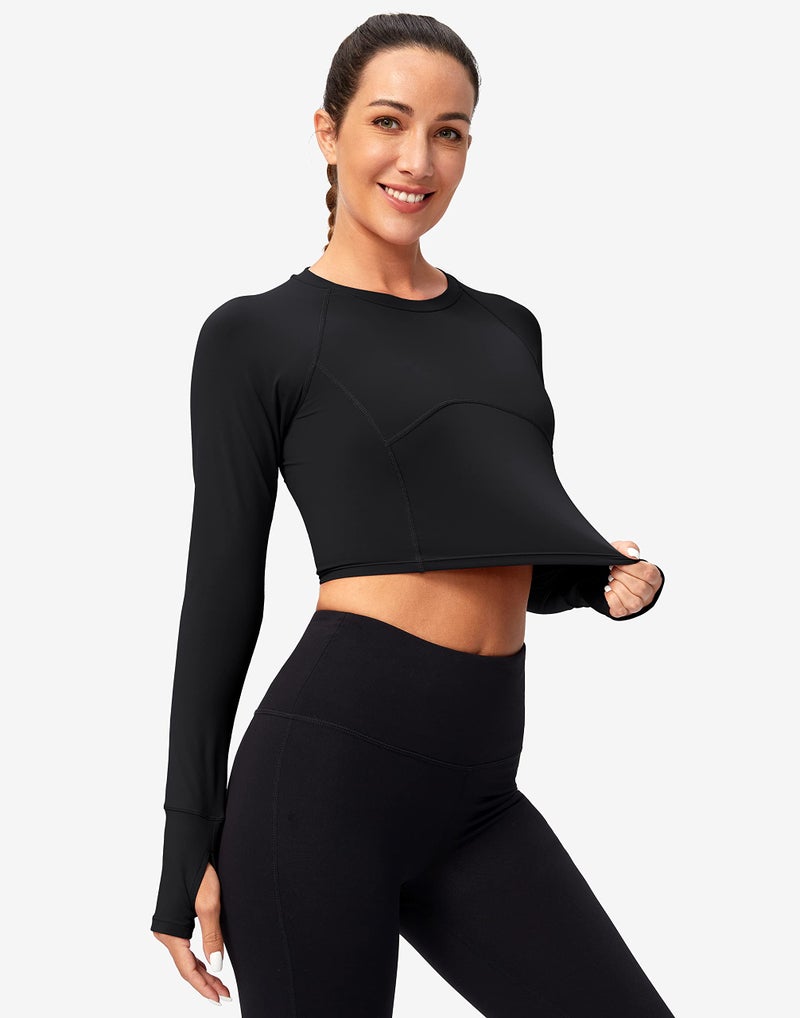 SANTINY Women's Slim Fit Long Sleeve Crop Top Gym Yoga Running Shirt (Black, S) - Image 5