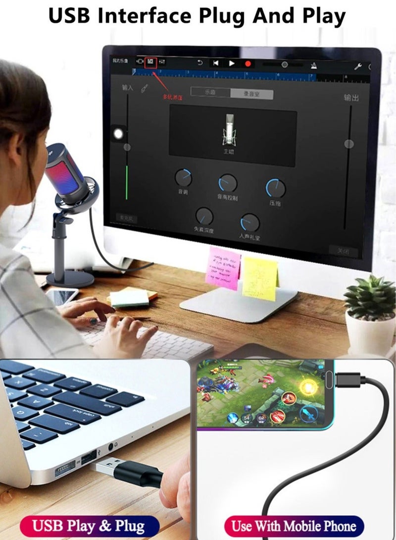 Microphone PC, Podcast Microphone w/ RGB Light, Mute Button, Gain Knob PS4/5, Mac, Phone, Gaming Mic w/ Pop Filter, Metal Stand, Headphones Jack Streaming, Recording, Chat  - Image 2