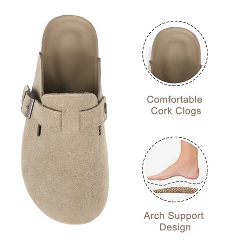 Dumalum Clogs for Women Mens Suede Leather Slip on Shoes Cork Footbed Mules Sandals with Arch Support Unisex Slippers Khaki - Image 3