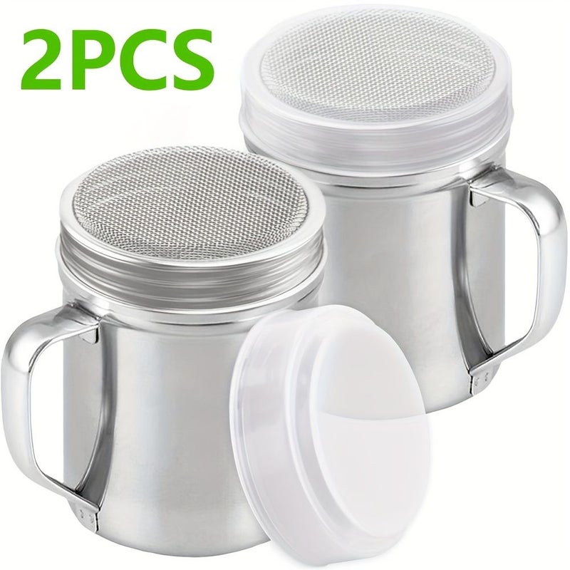 2pcs Silvery Medium Size Stainless Steel Powder Shaker Dispenser With Handle Dense Mesh For Baking Soda Cornstarch Coffee Restaurants Cafe - Image 1