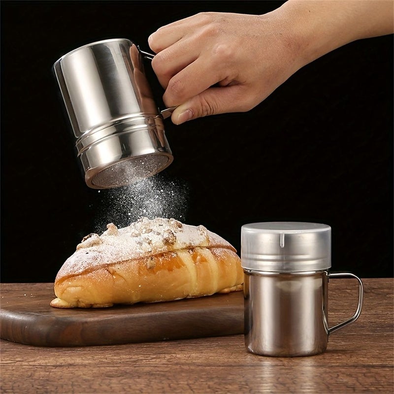 2pcs Silvery Medium Size Stainless Steel Powder Shaker Dispenser With Handle Dense Mesh For Baking Soda Cornstarch Coffee Restaurants Cafe - Image 2