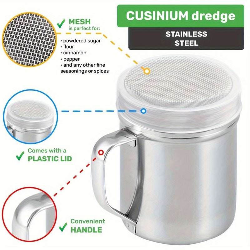 2pcs Silvery Medium Size Stainless Steel Powder Shaker Dispenser With Handle Dense Mesh For Baking Soda Cornstarch Coffee Restaurants Cafe - Image 3