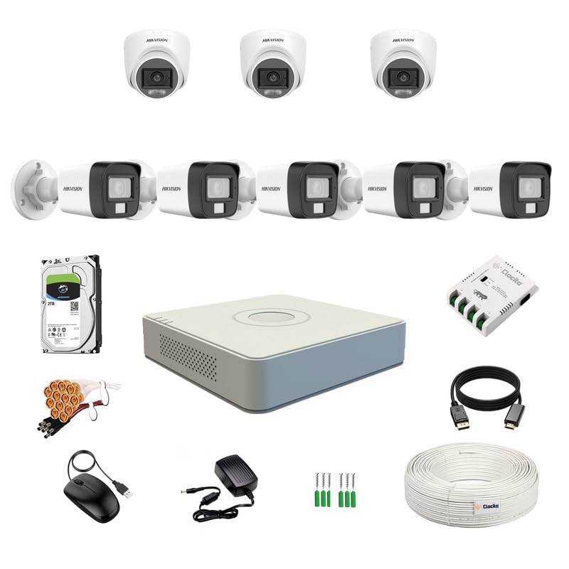 Clocite HIKVISION Full HD 8 Channel DVR, 2 MP 3 Dome & 5 Bullet Cameras [Color Night Vision + Built-in Audio MIC + Smart Dual Light + Motion Detection] + 2 TB HDD 8 CH SMPS + CCTV Cable + BNC & DC - Image 1