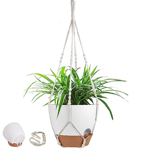 Vanslogreen 415 Inch Macrame Plant Hanger Indoor Outdoor with 12 Inch Flower Pot Hanging Planter for Plants Holder with Wood Beads for Boho Home Decor IvoryWhite
