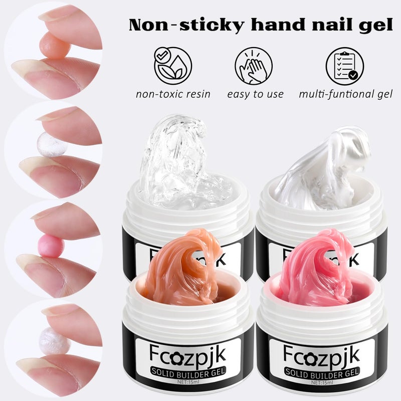 Fcozpjk Solid Builder Gel for Nails, 4 Colors Solid Builder Gel Non-Sticky Clear Nude Pink Pearl White Hard Gel for Nails 3D Sculpture Gel Flower Carving Modeling Design Nail Extension Gel Kit - Image 3