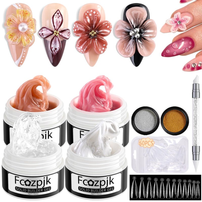 Fcozpjk Solid Builder Gel for Nails, 4 Colors Solid Builder Gel Non-Sticky Clear Nude Pink Pearl White Hard Gel for Nails 3D Sculpture Gel Flower Carving Modeling Design Nail Extension Gel Kit - Image 1