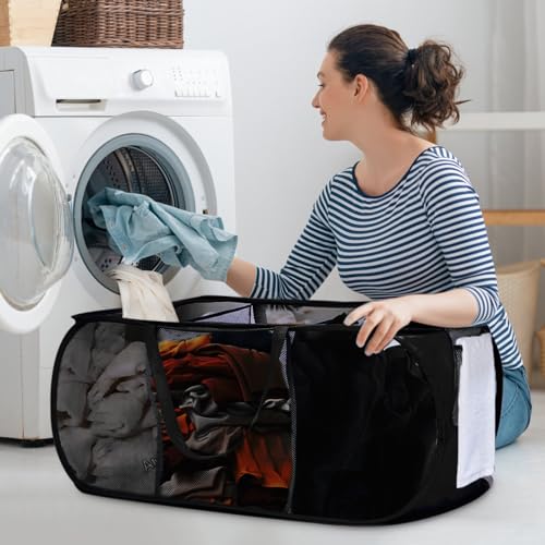 Bemkoo Foldable Laundry Baskets, Collapsible Mesh Laundry Hamper, Durable Pop Up Laundry Basket, 3 Compartments Clothes Hampers for Laundry, Easy to Carry & Sort for Dorm, Home, Kids Room, Travel Black - Image 2