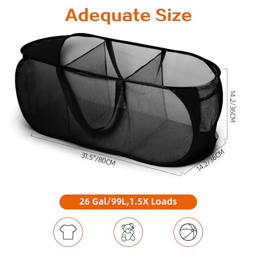 Bemkoo Foldable Laundry Baskets, Collapsible Mesh Laundry Hamper, Durable Pop Up Laundry Basket, 3 Compartments Clothes Hampers for Laundry, Easy to Carry & Sort for Dorm, Home, Kids Room, Travel Black - Image 4
