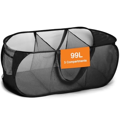 Bemkoo Foldable Laundry Baskets, Collapsible Mesh Laundry Hamper, Durable Pop Up Laundry Basket, 3 Compartments Clothes Hampers for Laundry, Easy to Carry & Sort for Dorm, Home, Kids Room, Travel Black - Image 1