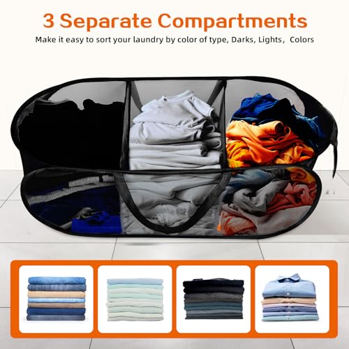 Bemkoo Foldable Laundry Baskets, Collapsible Mesh Laundry Hamper, Durable Pop Up Laundry Basket, 3 Compartments Clothes Hampers for Laundry, Easy to Carry & Sort for Dorm, Home, Kids Room, Travel Black - Image 3