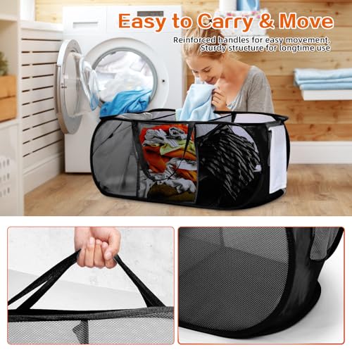 Bemkoo Foldable Laundry Baskets, Collapsible Mesh Laundry Hamper, Durable Pop Up Laundry Basket, 3 Compartments Clothes Hampers for Laundry, Easy to Carry & Sort for Dorm, Home, Kids Room, Travel Black - Image 5