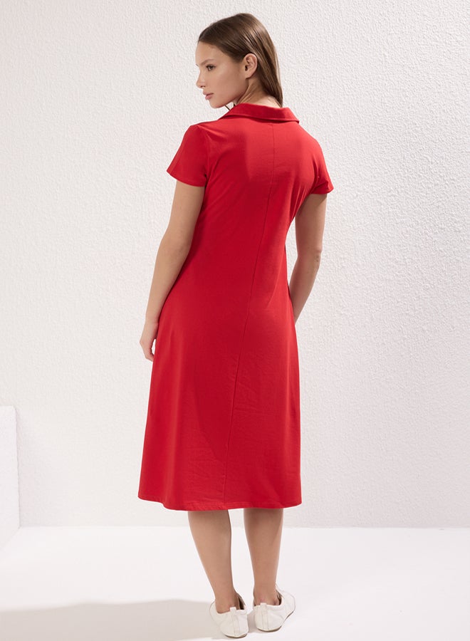 trendyol Stretchy Cotton Midi Dress  Polo Neck, Skater Cutout, Red - Image 4