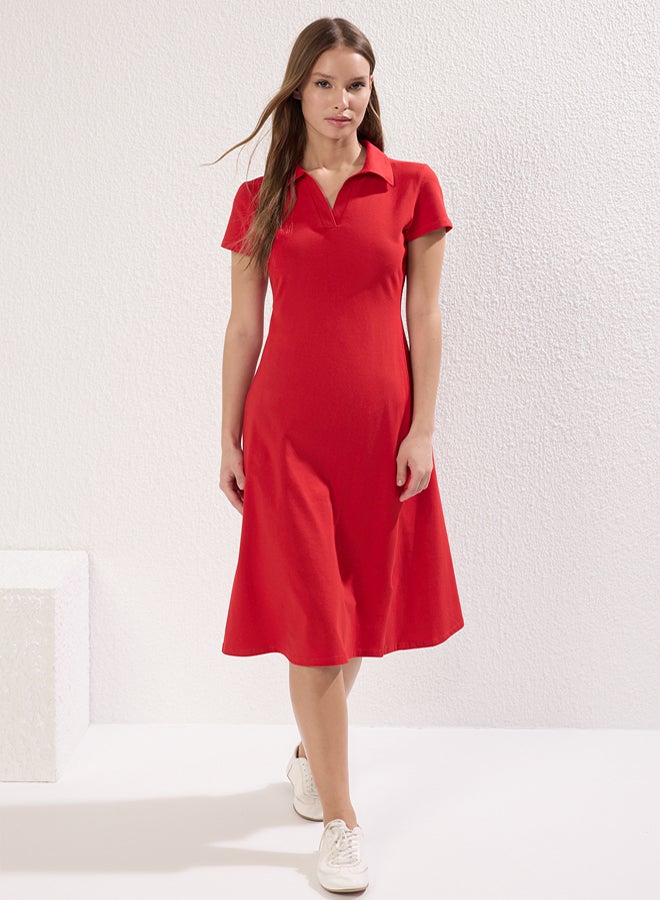 trendyol Stretchy Cotton Midi Dress  Polo Neck, Skater Cutout, Red - Image 1