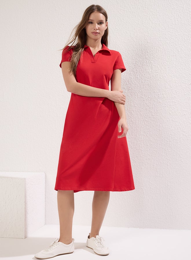 trendyol Stretchy Cotton Midi Dress  Polo Neck, Skater Cutout, Red - Image 2