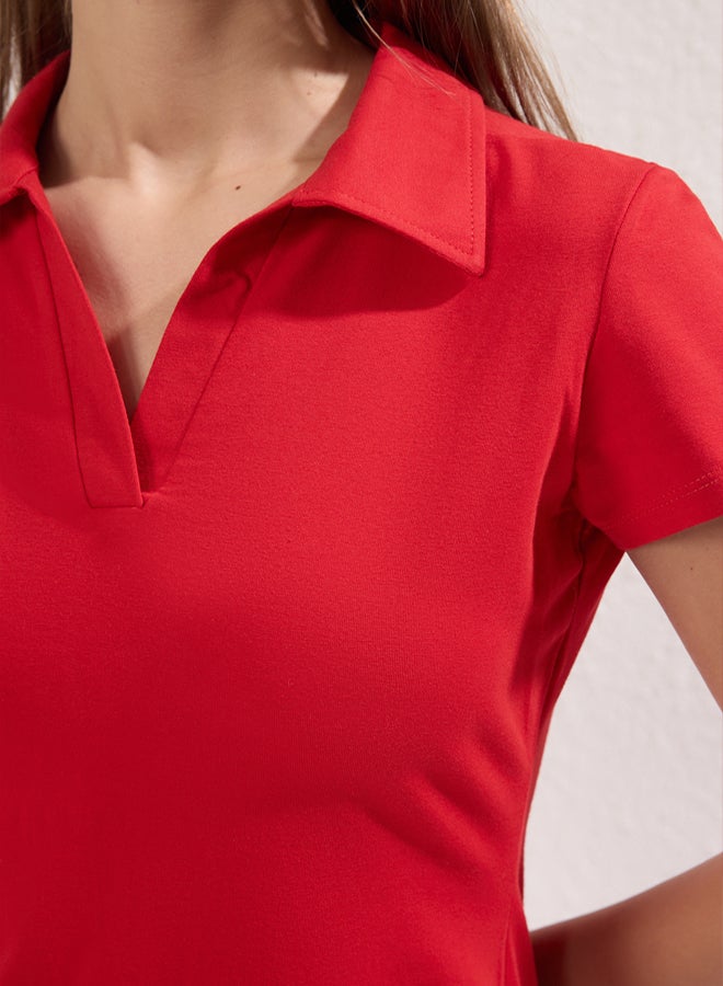 trendyol Stretchy Cotton Midi Dress  Polo Neck, Skater Cutout, Red - Image 3