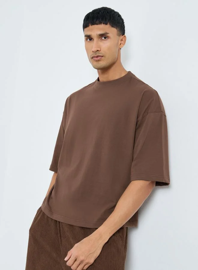 Styli Men Khaki Crop Boxy Fit Jersey T-Shirt
