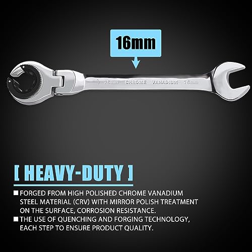 LOSCHEN 1PC 16mm Open Flex-Head Ratcheting Wrench, Metric Ratcheting Spanner with 75 Teeth, Chrome Vanadium Steel Tubing Ratchet Spanner - Image 2