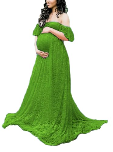 MYZEROING Maternity Photography Props Floral Lace Dress Fancy Pregnancy Gown for Baby Shower Photo Shoot (L, Olive) - Image 1