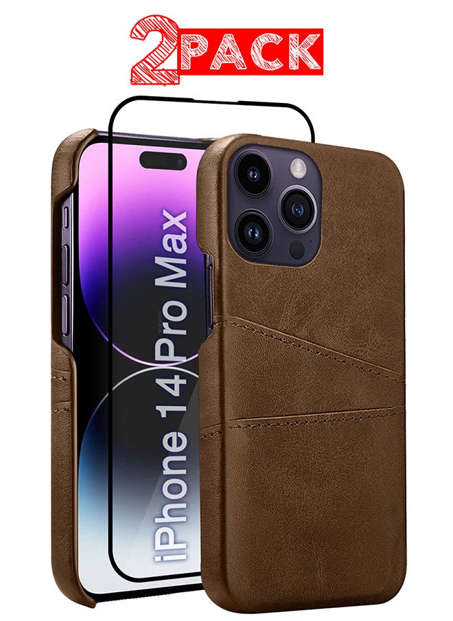 CATANES iPhone 14 Pro Max 2Packs Case Cover Leather with Card Holder for Men Women Phone Case with 3D Screen Protector  - Brown  - Image 1