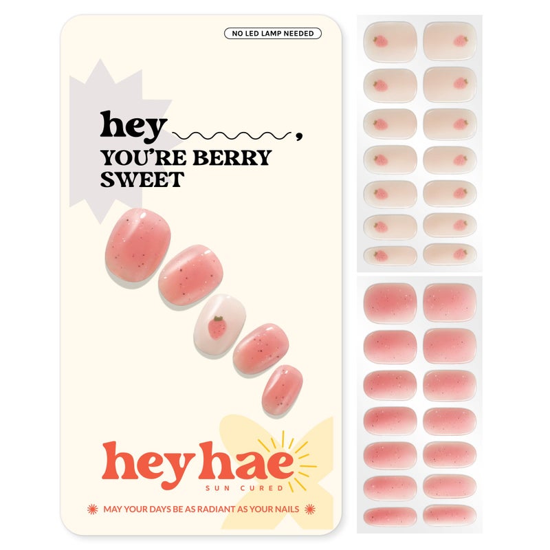 Heyhae Semi Cured Gel Nail Strips | No LED Lamp Needed | Glitter, Pink, Spring | Easy Apply & Remove, Salon Quality |Includes 28 Strips, 1 Prep Pads, Nail File & Wooden stick - Hey, You're Berry Sweet - Image 1