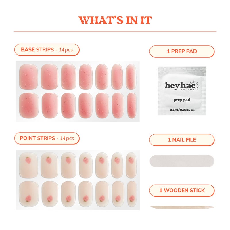 Heyhae Semi Cured Gel Nail Strips | No LED Lamp Needed | Glitter, Pink, Spring | Easy Apply & Remove, Salon Quality |Includes 28 Strips, 1 Prep Pads, Nail File & Wooden stick - Hey, You're Berry Sweet - Image 3