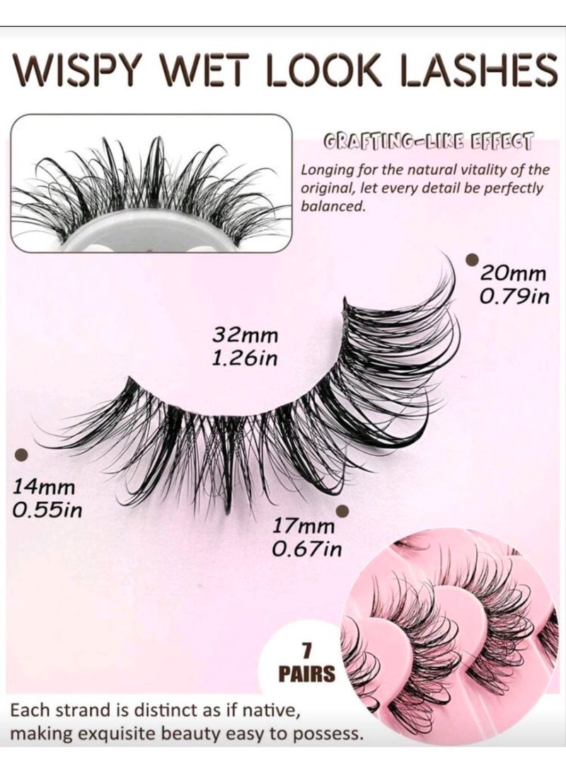 SHEIN-7Pairs Manga Wispy Natural Wet Look Eyelashes Grafting-Like Effect Faux Mink Lashes Clear Band Y2K Style 3D Fluffy Long Style Cat Eye Natural And - Image 2