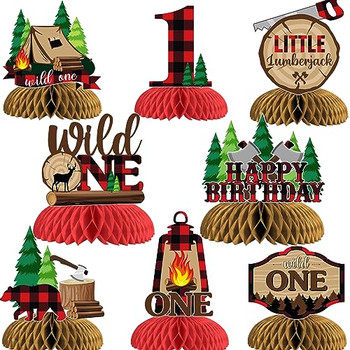 Funmemoir Lumberjack First Birthday Decorations 8PCS Wild One Lumberjack Honeycomb Centerpieces Buffalo Plaid Hunting Camping Bear Adventure Woodland 1st Birthday Decorations for Boys - Image 1
