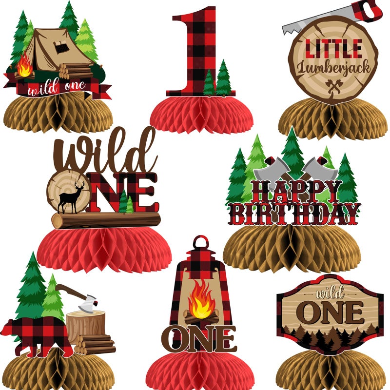 Funmemoir Lumberjack First Birthday Decorations 8PCS Wild One Lumberjack Honeycomb Centerpieces Buffalo Plaid Hunting Camping Bear Adventure Woodland 1st Birthday Decorations for Boys - Image 3
