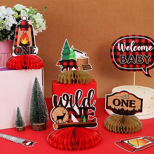 Funmemoir Lumberjack First Birthday Decorations 8PCS Wild One Lumberjack Honeycomb Centerpieces Buffalo Plaid Hunting Camping Bear Adventure Woodland 1st Birthday Decorations for Boys - Image 5