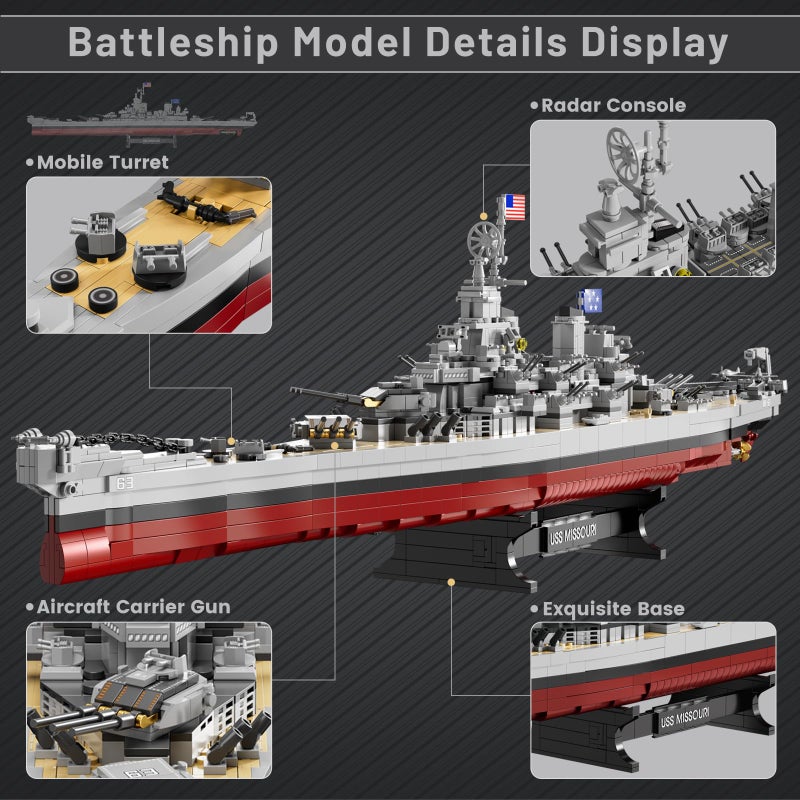 JMBricklayer Toy Battleship Building Set 60011, Classic Creative Military Missouri Battleship Model, Collectible Display Warship Toys for Adults, Christmas Birthday Gifts for 14+Boys,Teens (2228 Pcs) - Image 3