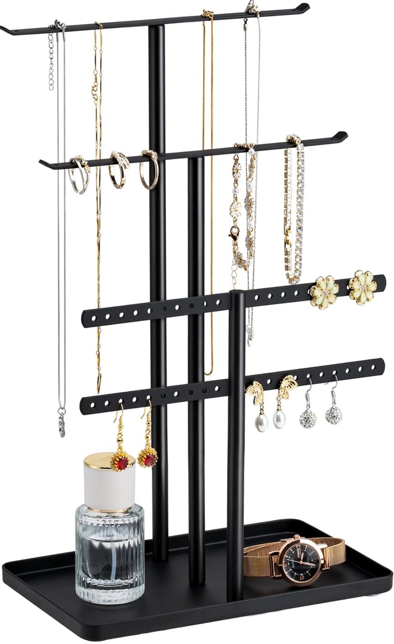 pickpiff Jewelry Stand Organizer, 12.5" Tall Sturdy Metal, 3-Tier Jewelry Holder for Necklace, Earring, Bracelet, Ring, Hanger for Display and Storage, Aesthetic Room Decor, Black - Image 1