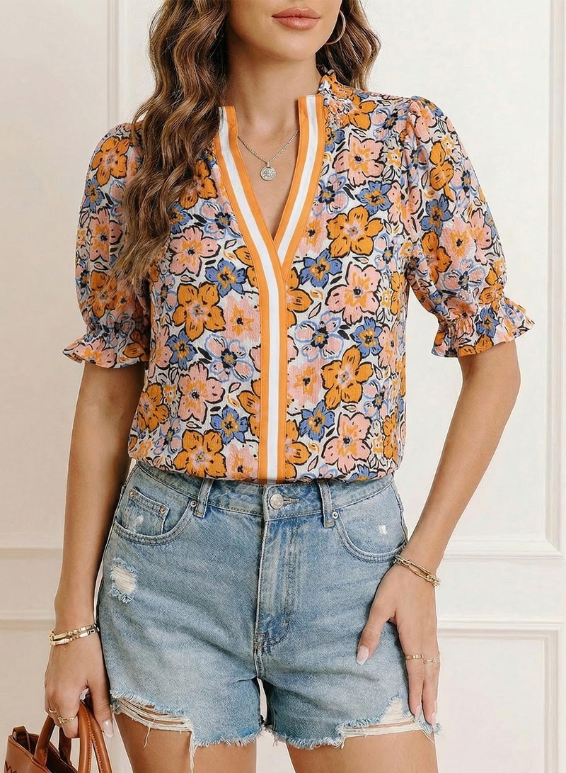 Dokotoo Womens Boho Floral Ruffle Shirt Short Puff Sleeve Loose Fit Tops for Women Cute V Neck Going Out Blouse Color Block Business Casual Ladies Tops and Blouses 2026 Spring Fahison Yellow - Image 2