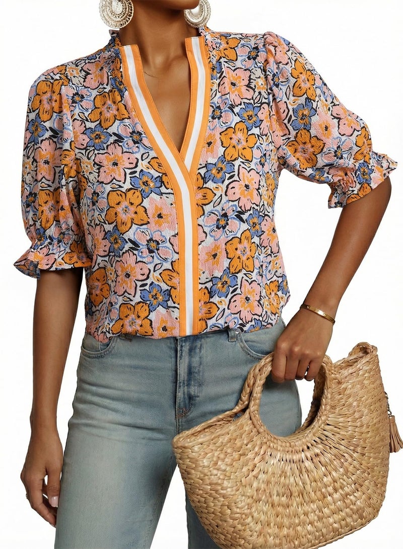 Dokotoo Womens Boho Floral Ruffle Shirt Short Puff Sleeve Loose Fit Tops for Women Cute V Neck Going Out Blouse Color Block Business Casual Ladies Tops and Blouses 2026 Spring Fahison Yellow - Image 1