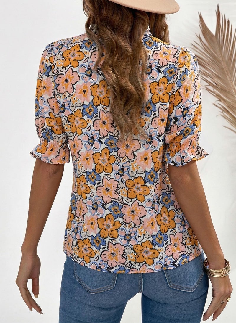 Dokotoo Womens Boho Floral Ruffle Shirt Short Puff Sleeve Loose Fit Tops for Women Cute V Neck Going Out Blouse Color Block Business Casual Ladies Tops and Blouses 2026 Spring Fahison Yellow - Image 3
