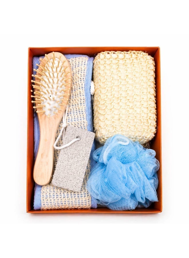 Bath Kit Set with Loofah Back Scrubber, Blue Bath Sponge, Pumice Stone, Wooden Hair Brush, and Exfoliating Sponge Full Kit. Shower kit for women/men/Kids. Perfect for Gifting - Image 2