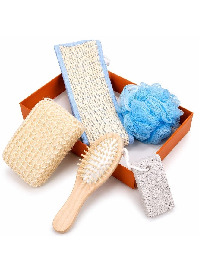Bath Kit Set with Loofah Back Scrubber, Blue Bath Sponge, Pumice Stone, Wooden Hair Brush, and Exfoliating Sponge Full Kit. Shower kit for women/men/Kids. Perfect for Gifting - Image 1