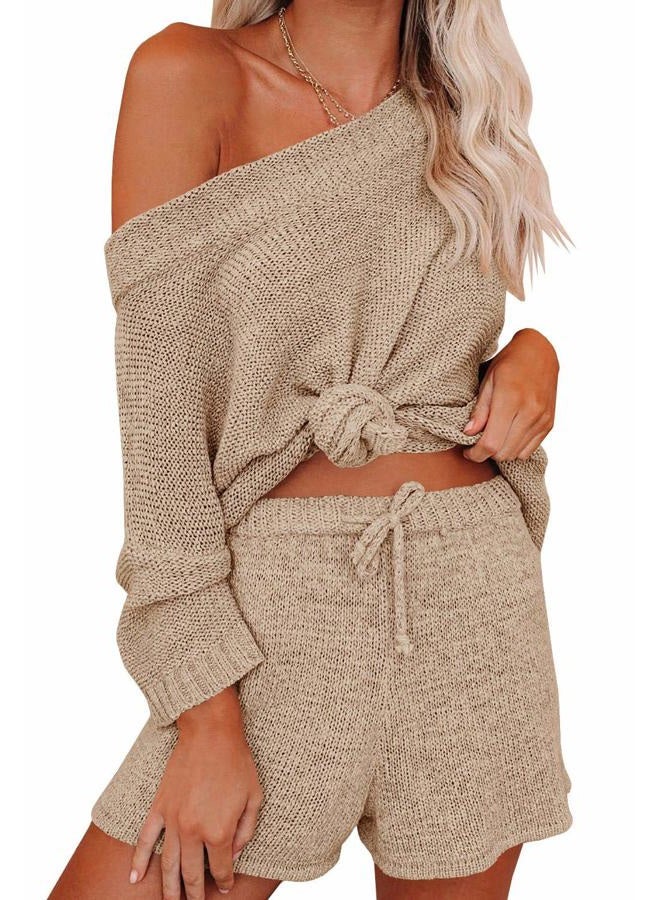 Ermonn Womens 2 Piece Outfits Sweater Sets Off Shoulder Knit Tops Waist Short Suits Casual Pajama Set Romper Jumpsuits Khaki, Khaki, M - Image 2