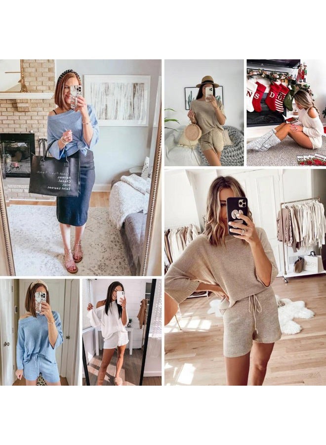Ermonn Womens 2 Piece Outfits Sweater Sets Off Shoulder Knit Tops Waist Short Suits Casual Pajama Set Romper Jumpsuits Khaki, Khaki, M - Image 4