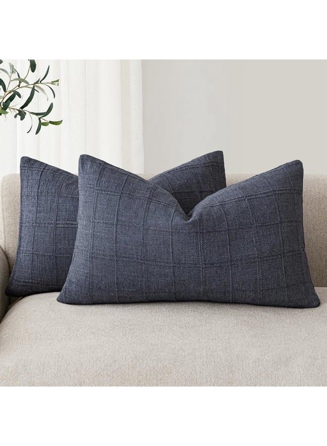 Foindtower Set of 2 Decorative Linen Check Throw Pillow Covers Neutral Farmhouse Lumbar Cushion Covers Modern Boho Home Decor for Sofa Chair Couch Bedroom Living Room,12×20 Inch,Navy Blue - Image 1