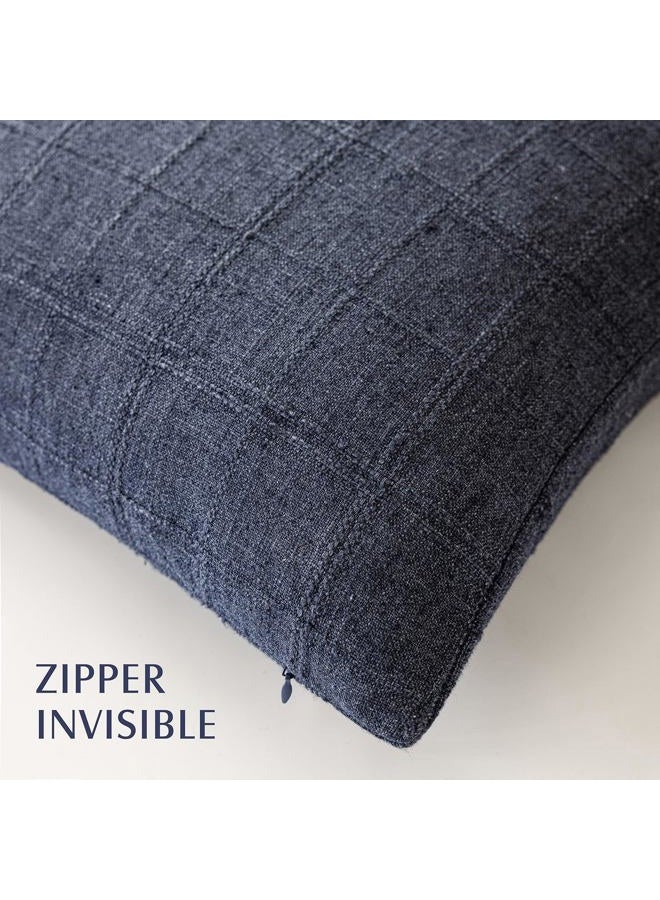 Foindtower Set of 2 Decorative Linen Check Throw Pillow Covers Neutral Farmhouse Lumbar Cushion Covers Modern Boho Home Decor for Sofa Chair Couch Bedroom Living Room,12×20 Inch,Navy Blue - Image 3