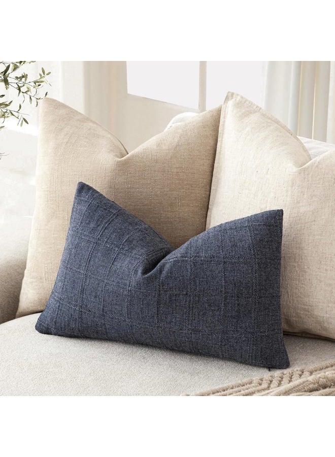Foindtower Set of 2 Decorative Linen Check Throw Pillow Covers Neutral Farmhouse Lumbar Cushion Covers Modern Boho Home Decor for Sofa Chair Couch Bedroom Living Room,12×20 Inch,Navy Blue - Image 5