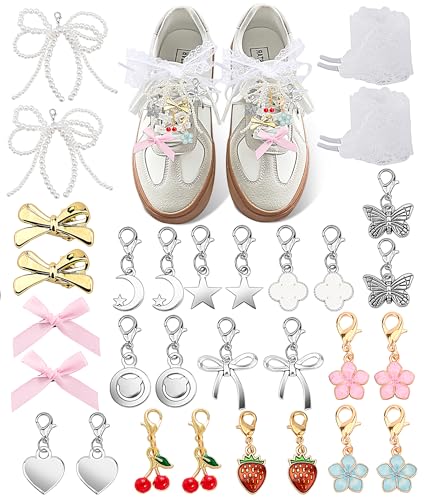 Yawlsow 30 Pcs Shoe Charms for Sneakers Junk Charm for Women with Ribbon Lace Shoelaces, Clips, Lobster Clasps, Pins, Bows, Pearl Charms Accessories Bulk for Bag Hat Fashion - Image 1