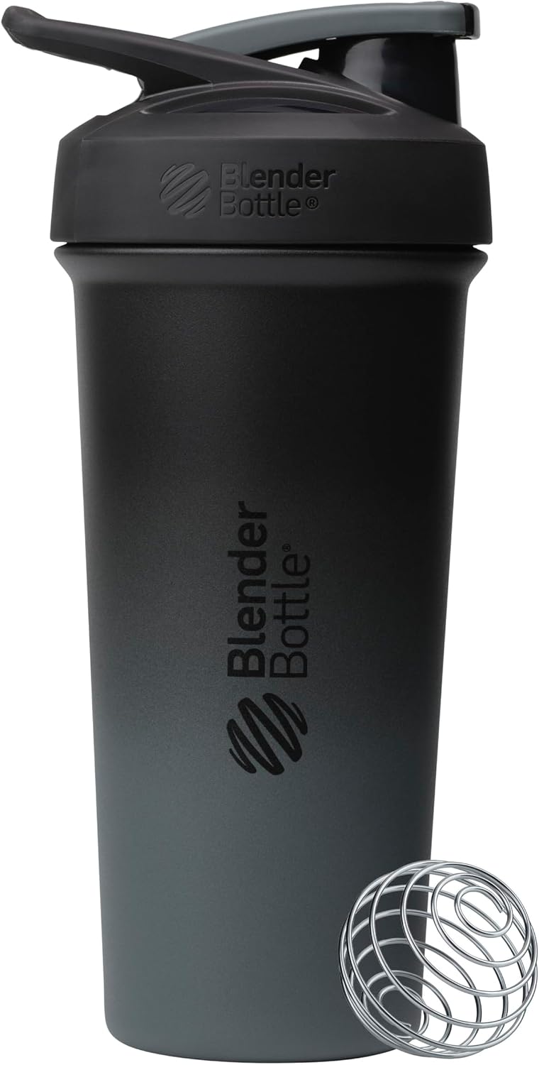 BlenderBottle Sport Sleek Shaker Cup Insulated Stainless Steel Water Bottle with Wire Whisk, 25-Ounce, Smokestack (Black/Grey) - Image 1