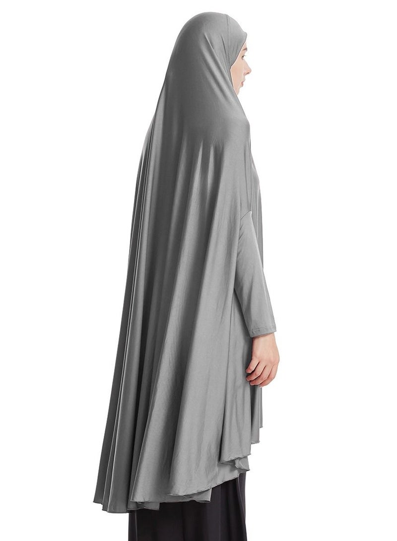 إسكدنيا Women's Solid Color Abaya Long Sleeve Thobe Robe With Hijab Grey - Image 2