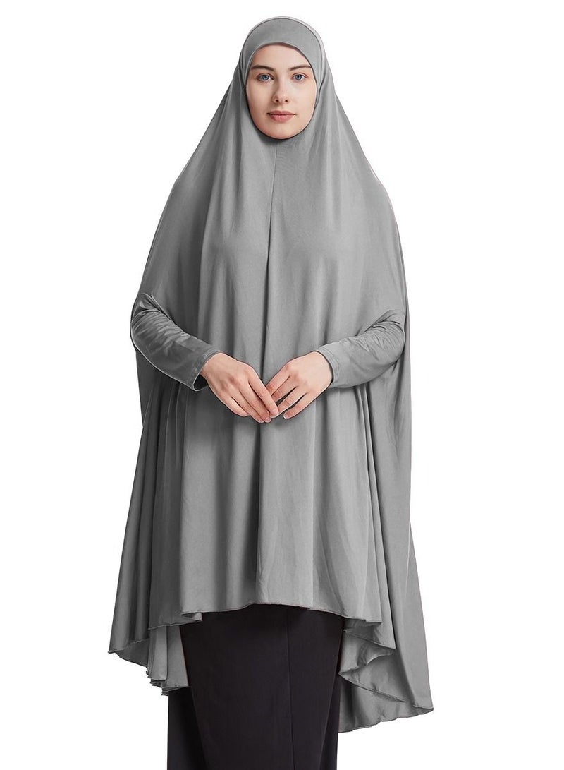 إسكدنيا Women's Solid Color Abaya Long Sleeve Thobe Robe With Hijab Grey - Image 1
