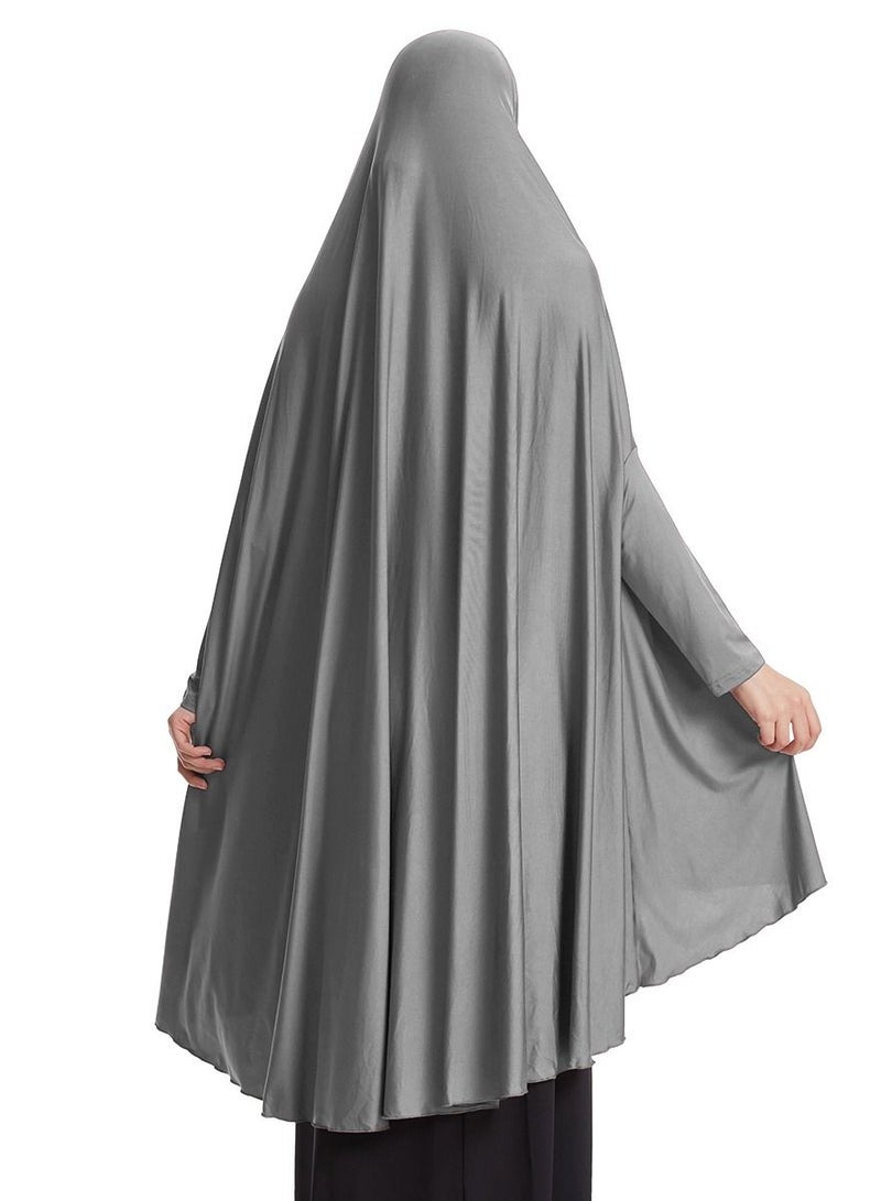 إسكدنيا Women's Solid Color Abaya Long Sleeve Thobe Robe With Hijab Grey - Image 3