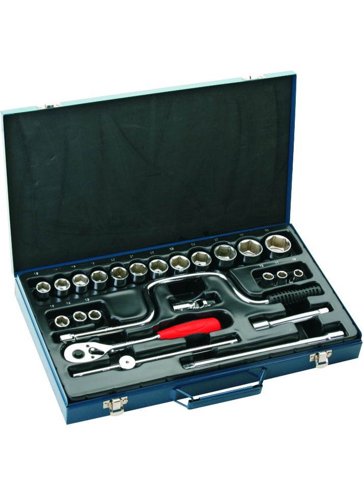 jetechtool Jetech 24-Piece 1/2-Inch (10mm - 32mm) Drive Socket Set, 6-Point Metric Cr-V Sockets, Includes Ratchet, Speeding Handle, Universal Joint, Sliding Rod, Extension Bars with Metal Storage Box for Repair Mechanic Garage - SK1/2-24S - Image 1