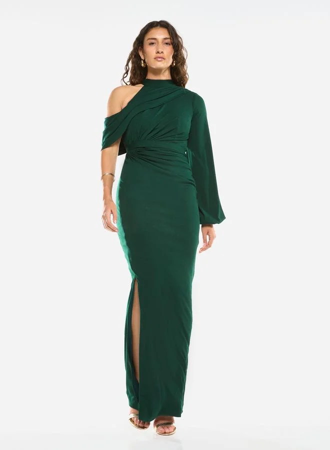 House of Moda Asymmetric Drape One-Sleeve Gown Maxi Dress