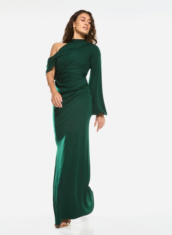 House of Moda Asymmetric Drape One-Sleeve Gown Maxi Dress