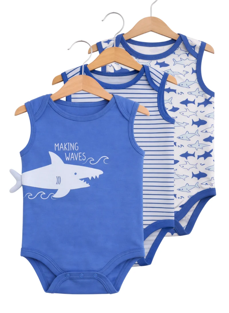 victor and jane Baby Boys Interactive Sleeveless Shark Print Bodysuits – Pack of 3